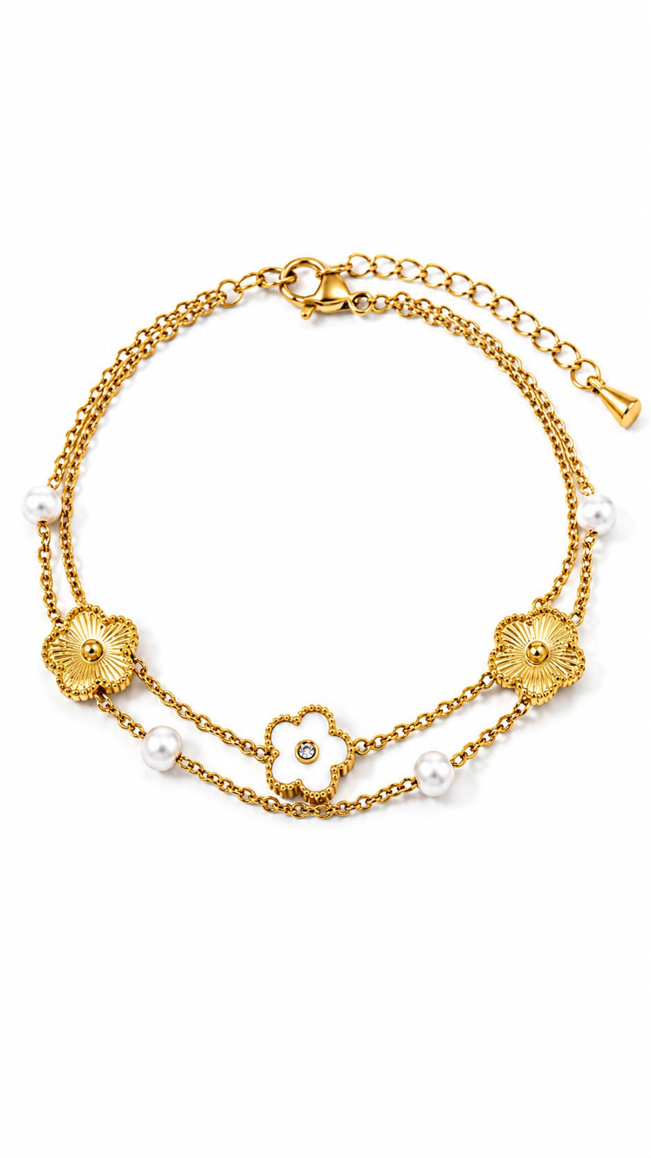 Pulsera doble cadena con flores de nácar y perlas