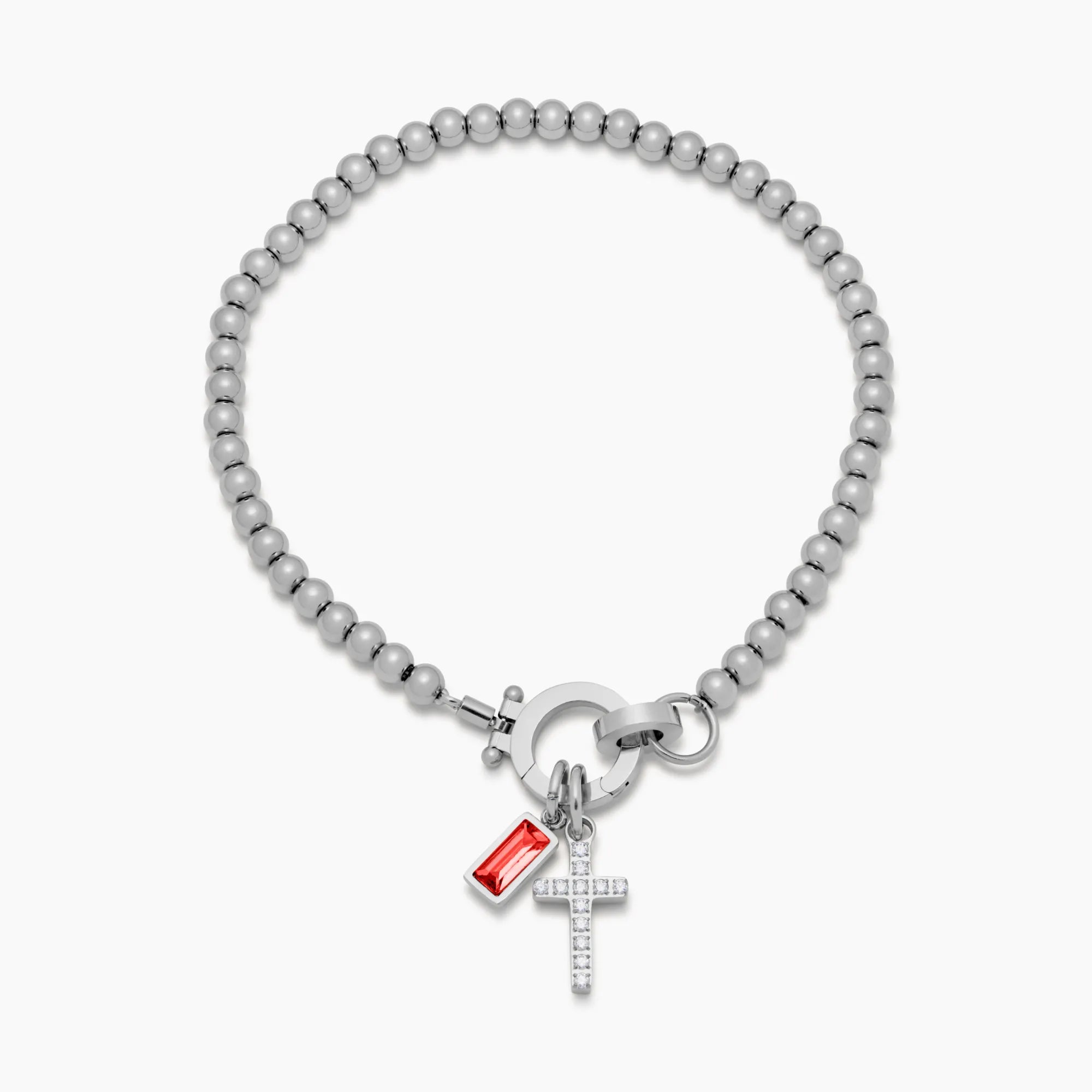 Pulsera con dije de cruz y cuentas de piedra de nacimiento