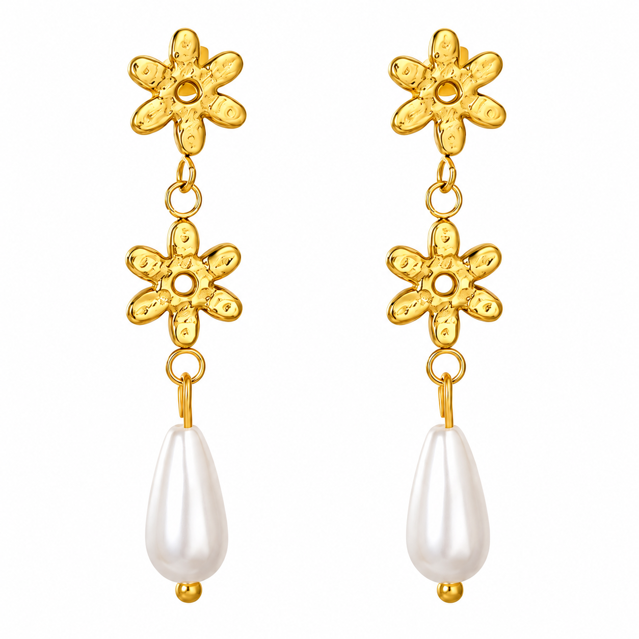 Aretes Flores Doradas con Perla Colgante