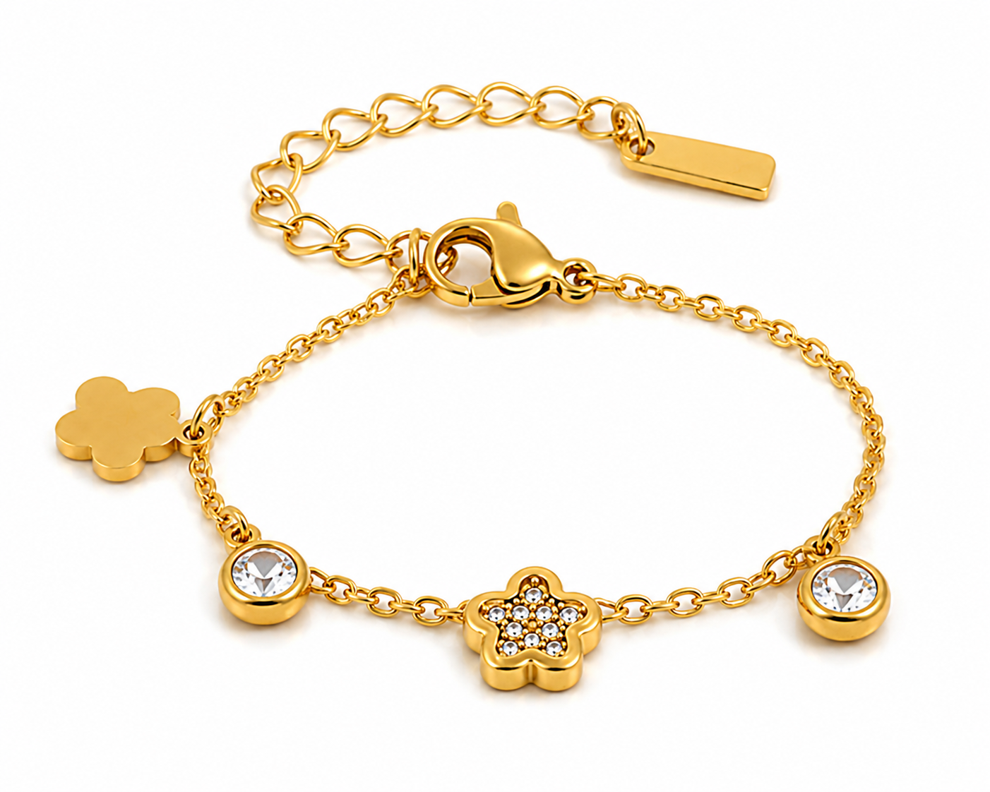 Pulsera con dijes de flores y circonitas