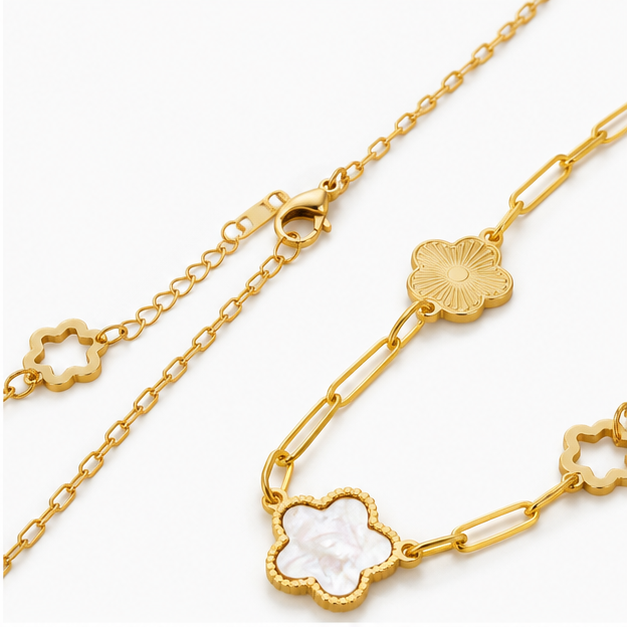 Collar Cadena Alargada con Flores Doradas y Nácar