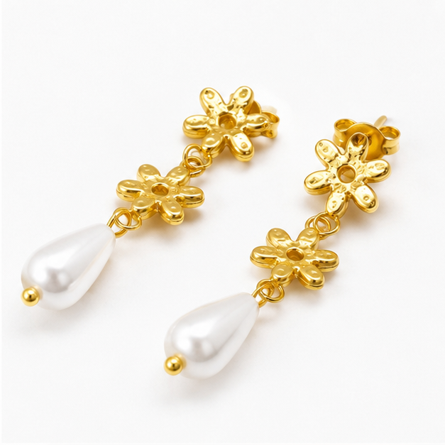 Aretes Flores Doradas con Perla Colgante
