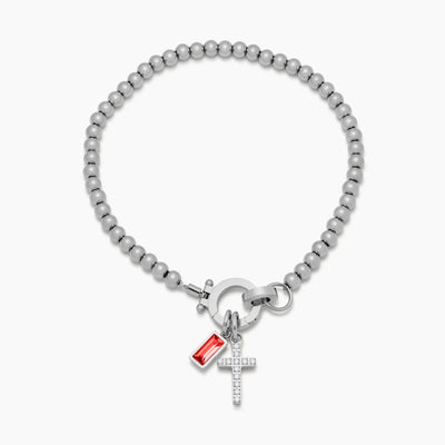 Pulsera con dije de cruz y cuentas de piedra de nacimiento