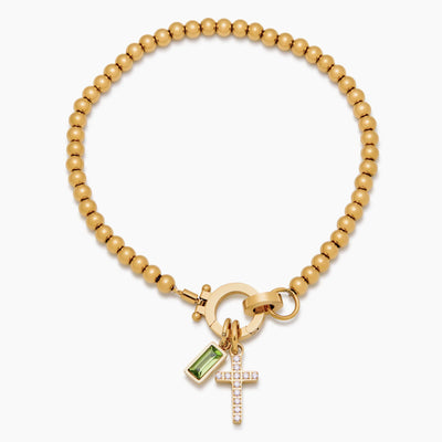 Pulsera con dije de cruz y cuentas de piedra de nacimiento