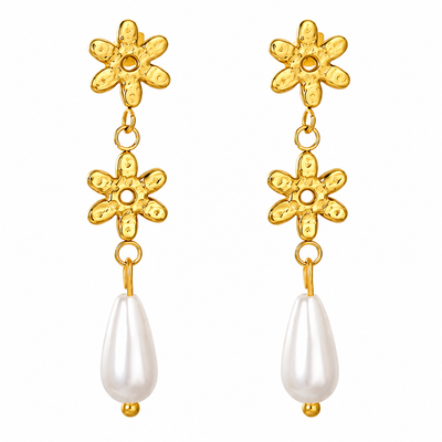 Aretes Flores Doradas con Perla Colgante